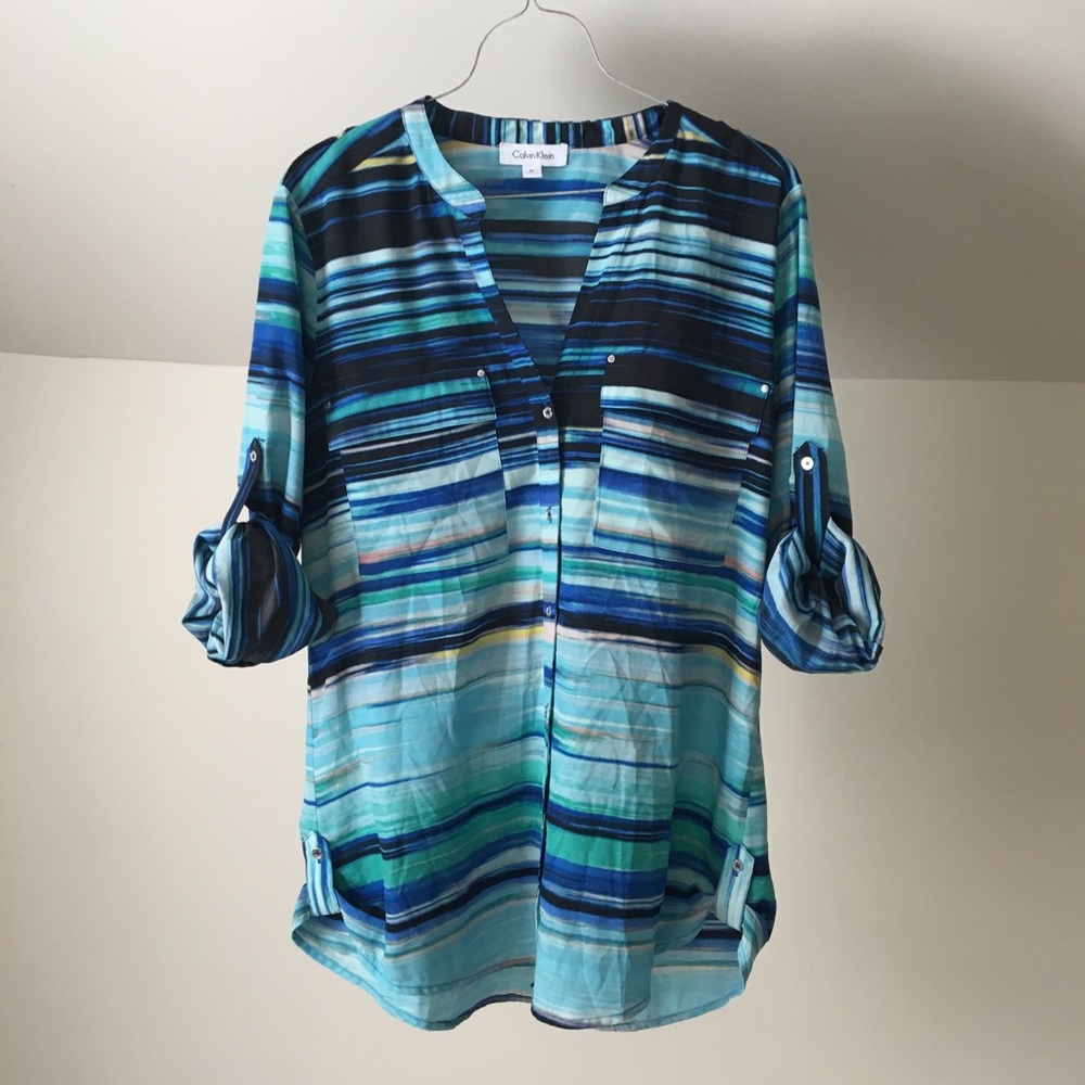 CALVIN KLEIN Blue Teal Stripe Oversized Button Top - Picture 1 of 7
